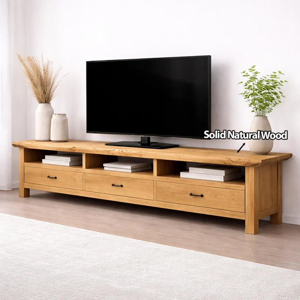 Handcrafted Solid Wood TV Stand with Spacious Drawers and Open Media Storage - Rustiracraft 