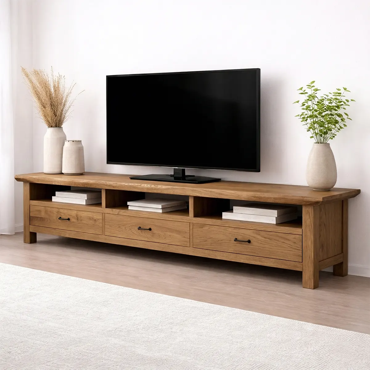 Handcrafted Solid Wood TV Stand with Spacious Drawers and Open Media Storage - Rustiracraft 