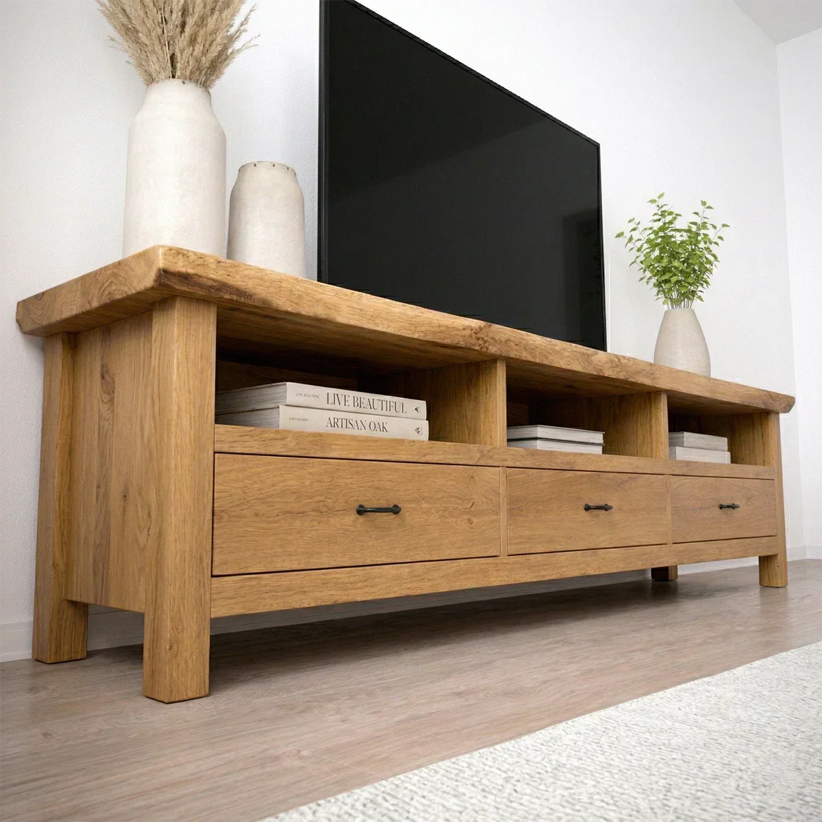 Handcrafted Solid Wood TV Stand with Spacious Drawers and Open Media Storage - Rustiracraft