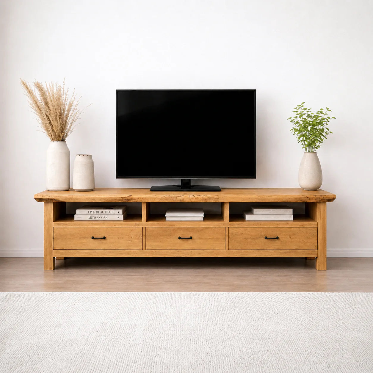 Handcrafted Solid Wood TV Stand with Spacious Drawers and Open Media Storage - Rustiracraft