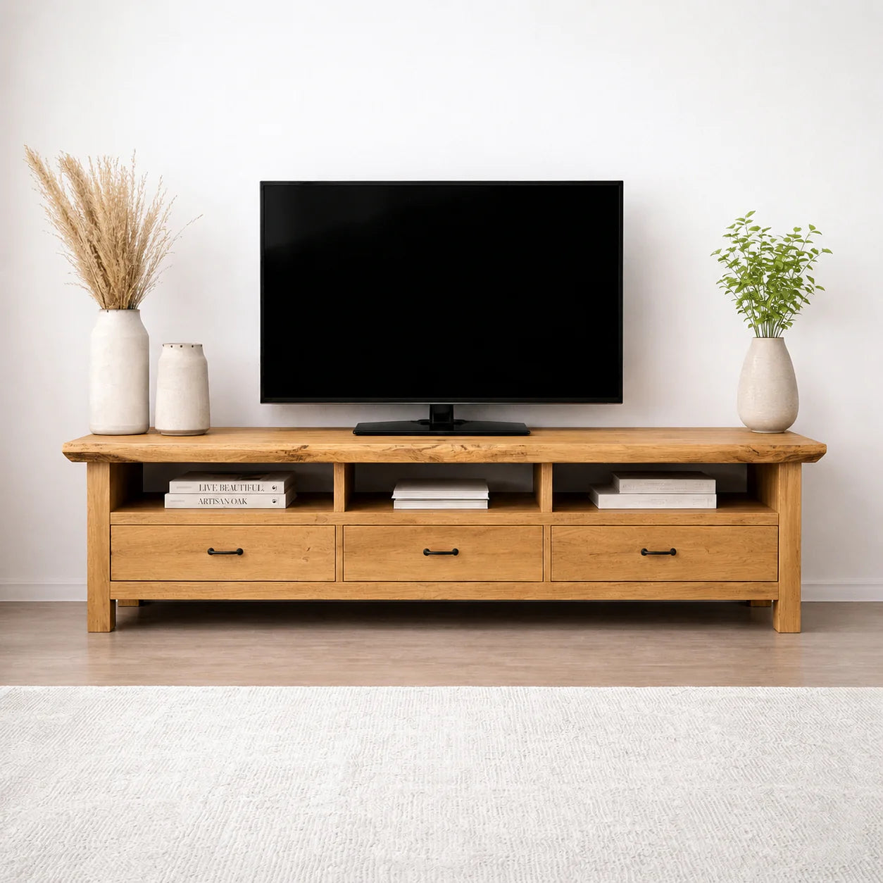 Handcrafted Solid Wood TV Stand with Spacious Drawers and Open Media Storage - Rustiracraft