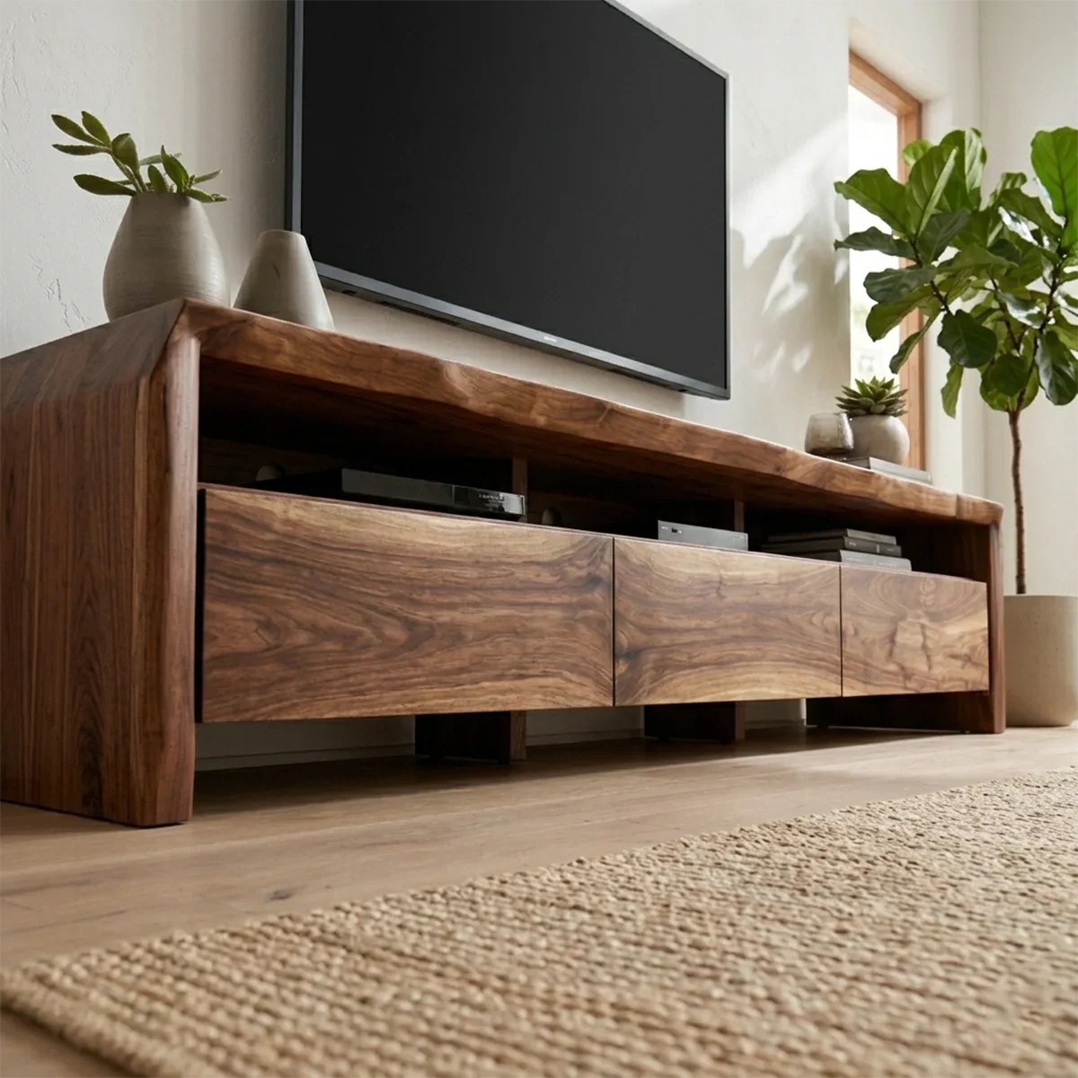 Handcrafted Solid Wood TV Stand with Thick Top and Curved Side Legs - Rustiracraft 