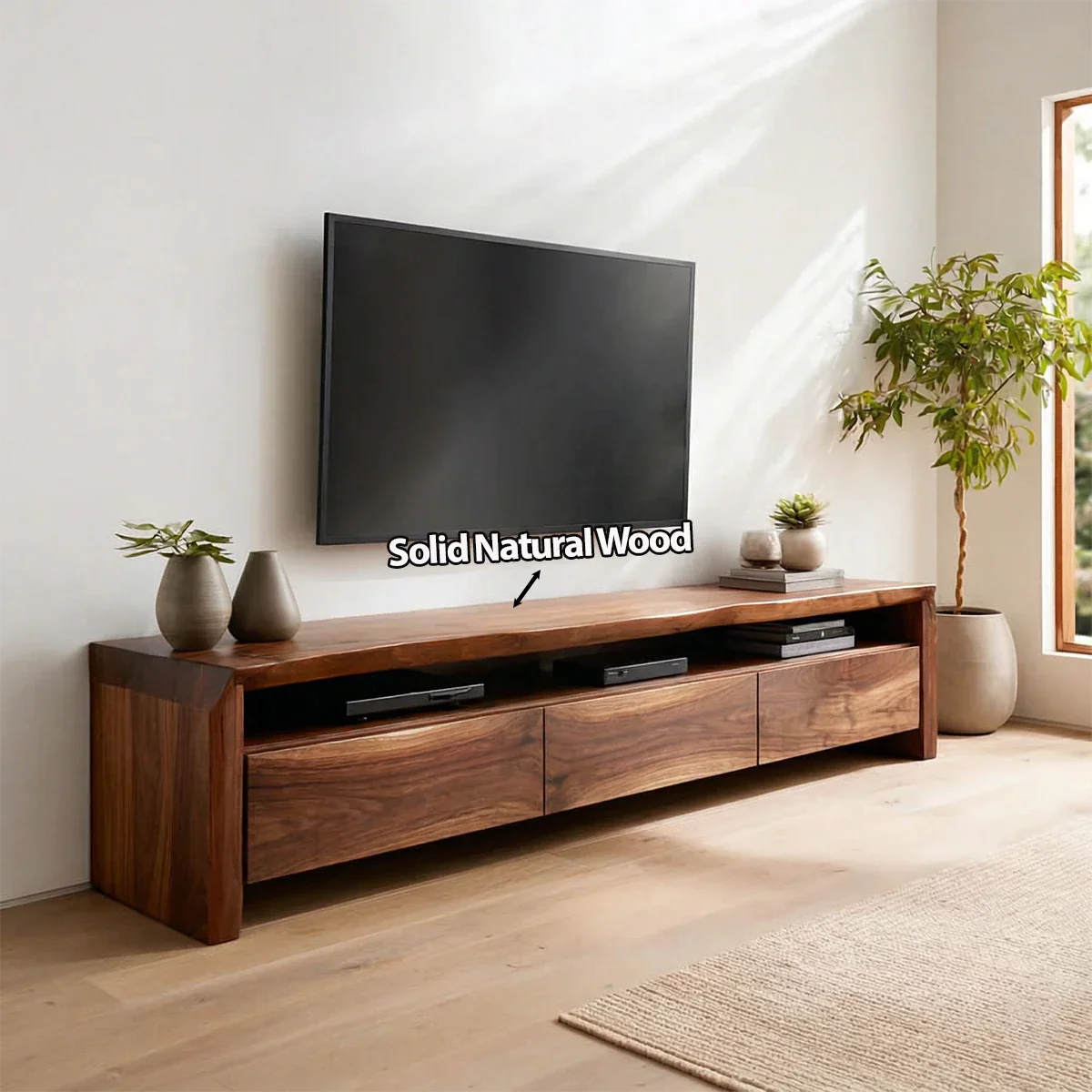 Handcrafted Solid Wood TV Stand with Thick Top and Curved Side Legs - Rustiracraft 