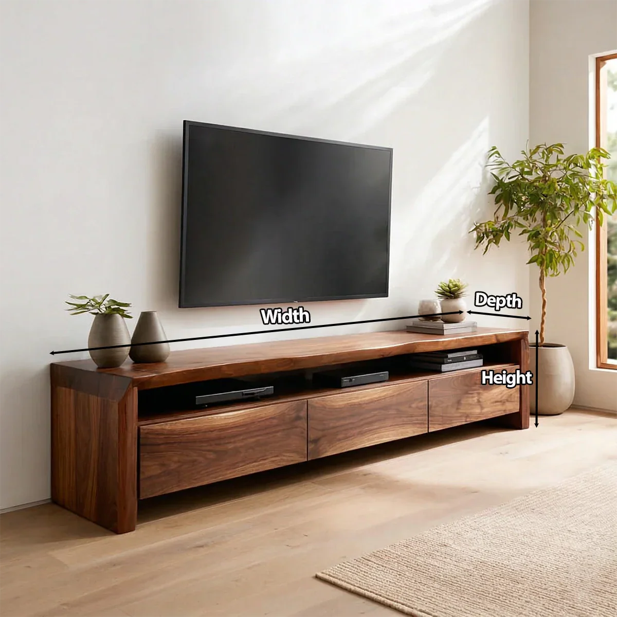 Handcrafted Solid Wood TV Stand with Thick Top and Curved Side Legs - Rustiracraft 