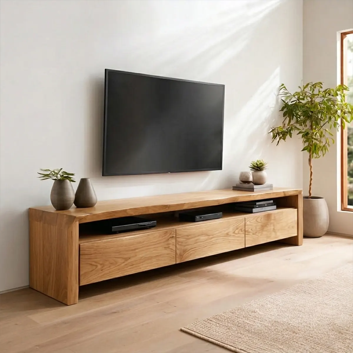Handcrafted Solid Wood TV Stand with Thick Top and Curved Side Legs - Rustiracraft 