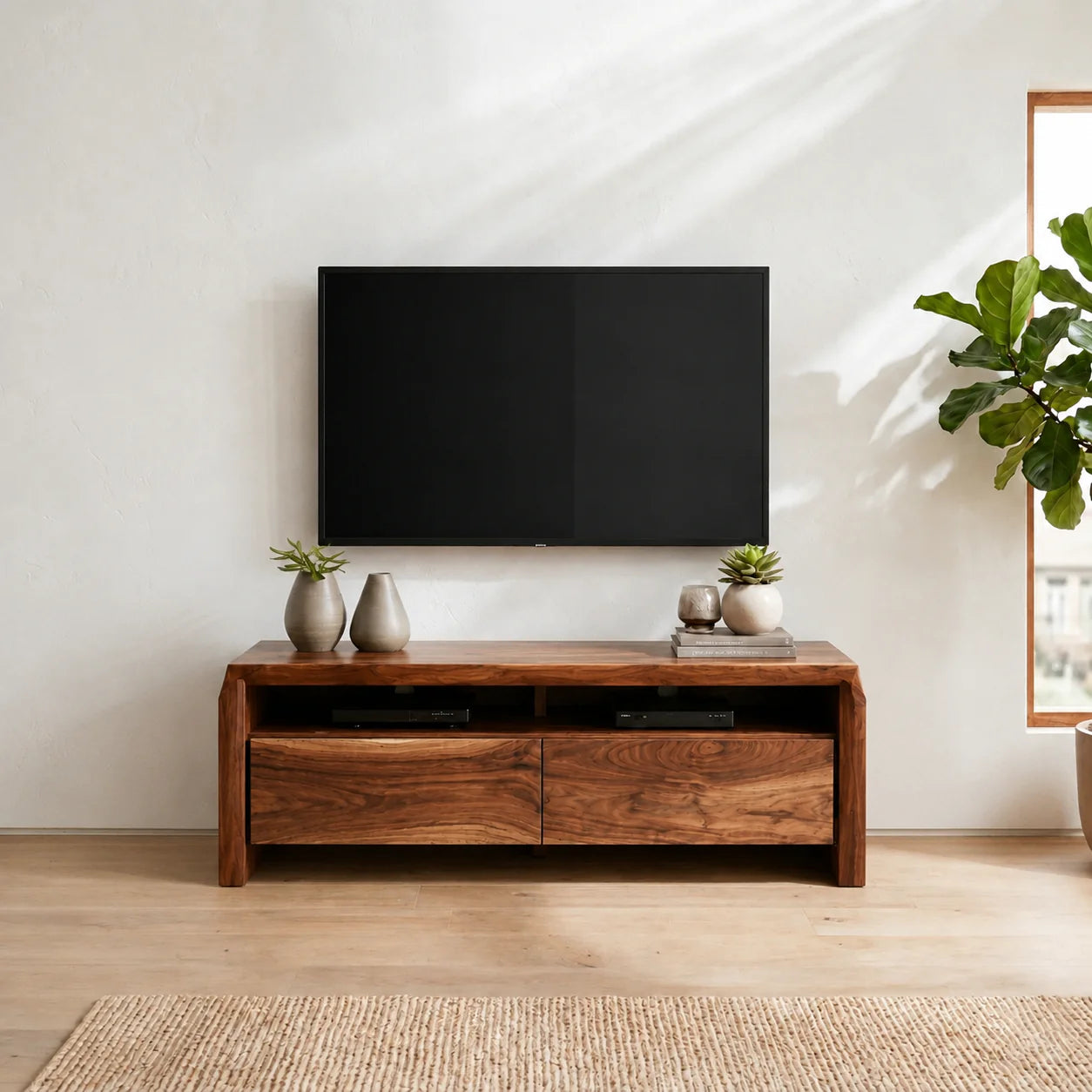 Handcrafted Solid Wood TV Stand with Thick Top and Curved Side Legs - Rustiracraft