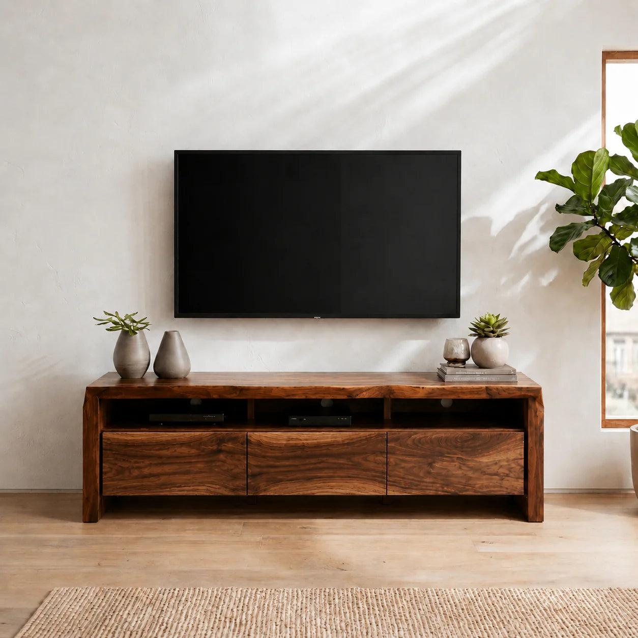 Handcrafted Solid Wood TV Stand with Thick Top and Curved Side Legs - Rustiracraft
