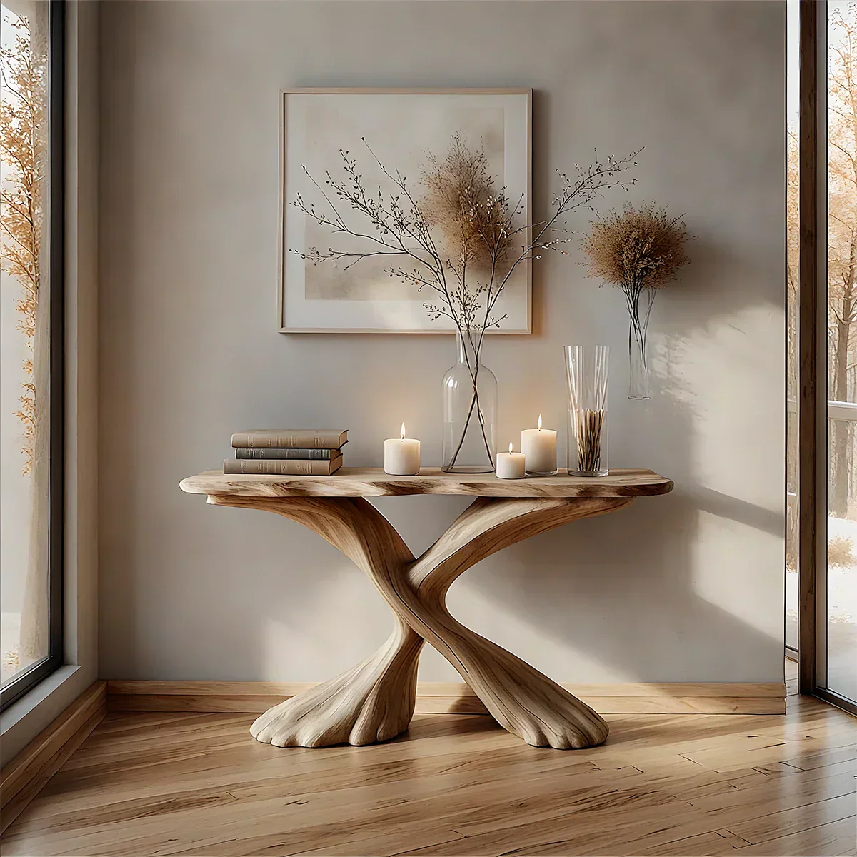 Handcrafted Solid Wood Twisted Sculptural Console – Japandi Art Form - Rustiracraft
