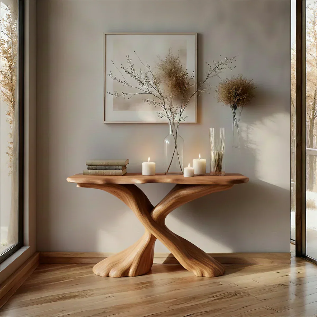 Handcrafted Solid Wood Twisted Sculptural Console – Japandi Art Form - Rustiracraft
