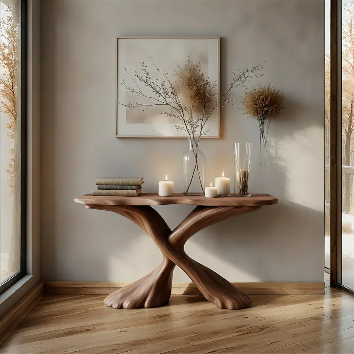Handcrafted Solid Wood Twisted Sculptural Console – Japandi Art Form - Rustiracraft