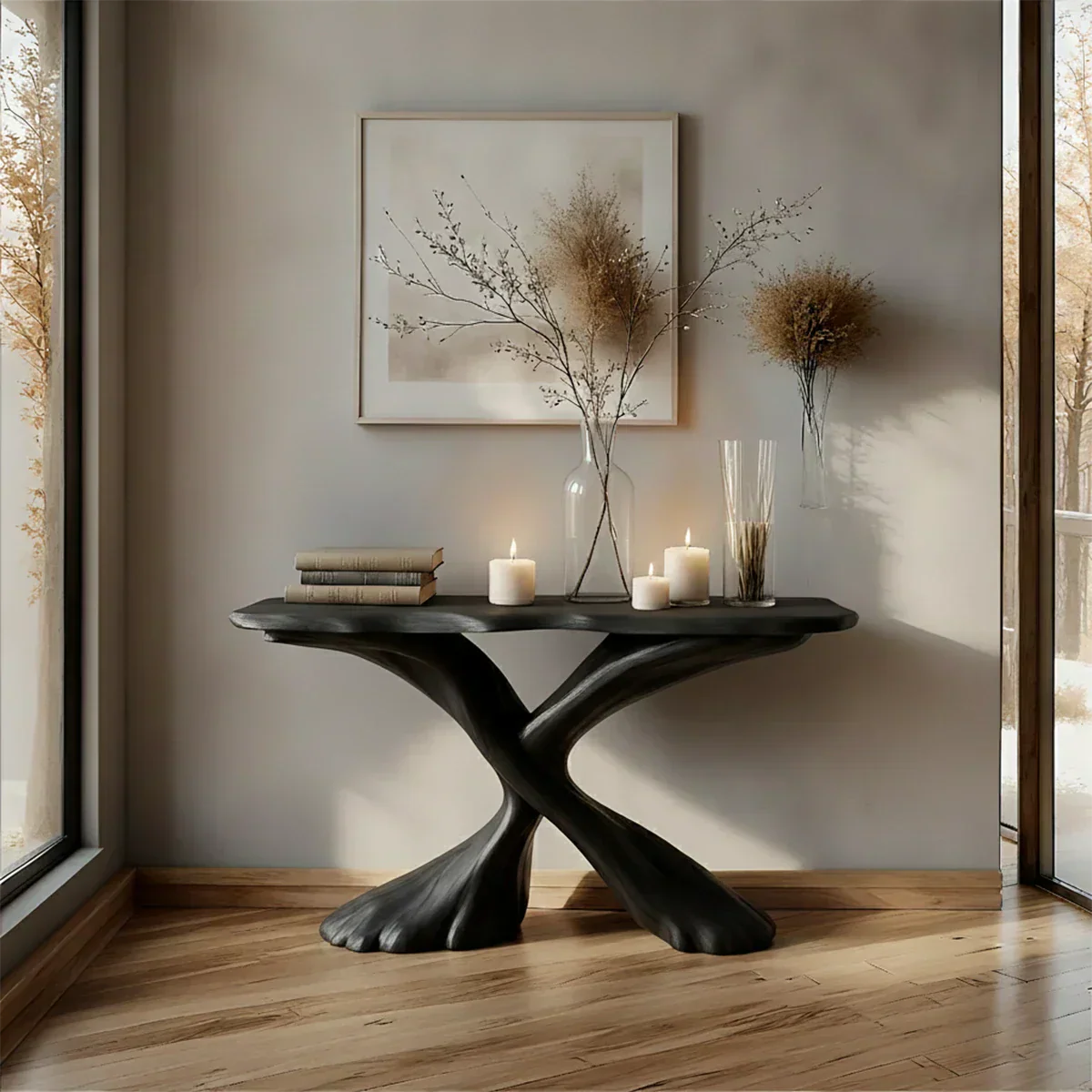Handcrafted Solid Wood Twisted Sculptural Console – Japandi Art Form - Rustiracraft