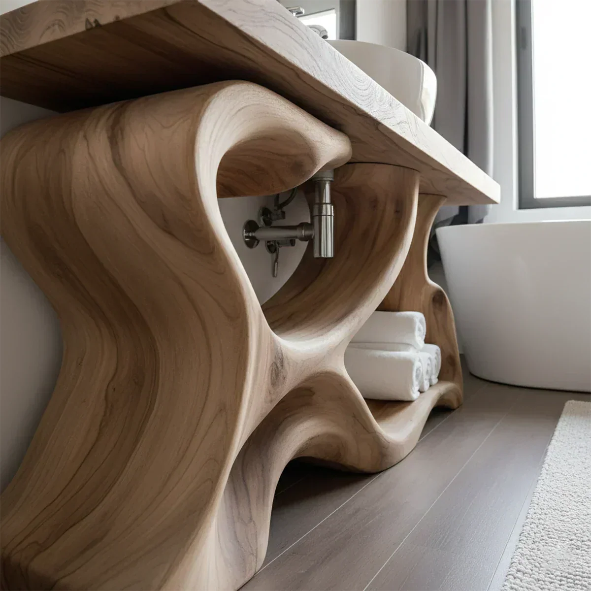 Handcrafted Solid Wood Vanity with Organic Curved Base - Rustiracraft 