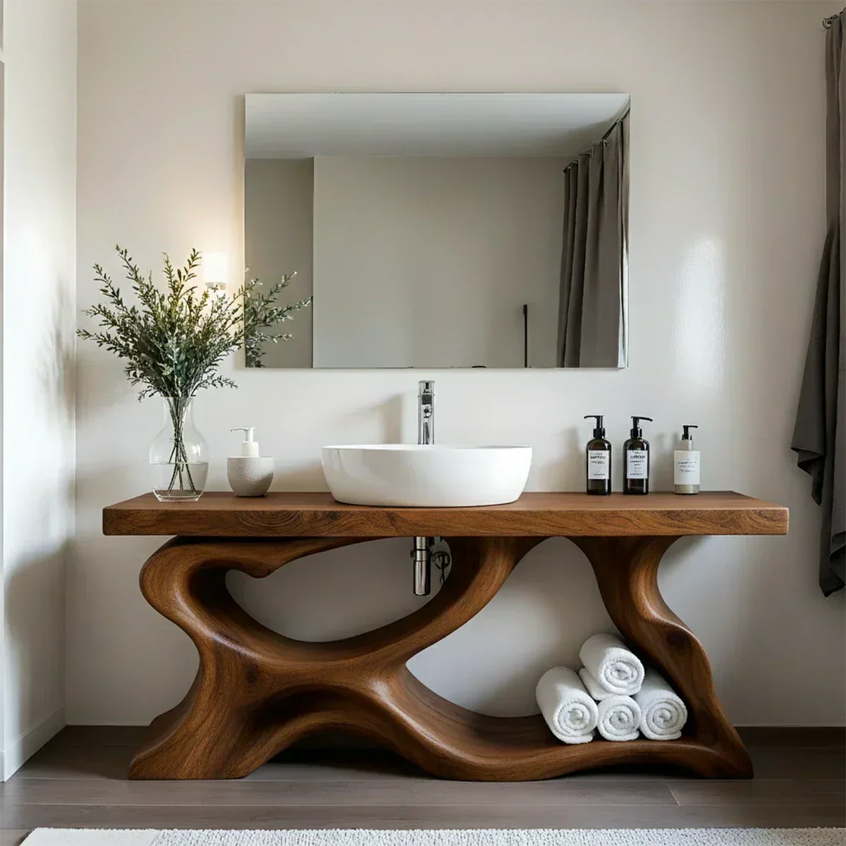 Handcrafted Solid Wood Vanity with Organic Curved Base - Rustiracraft 