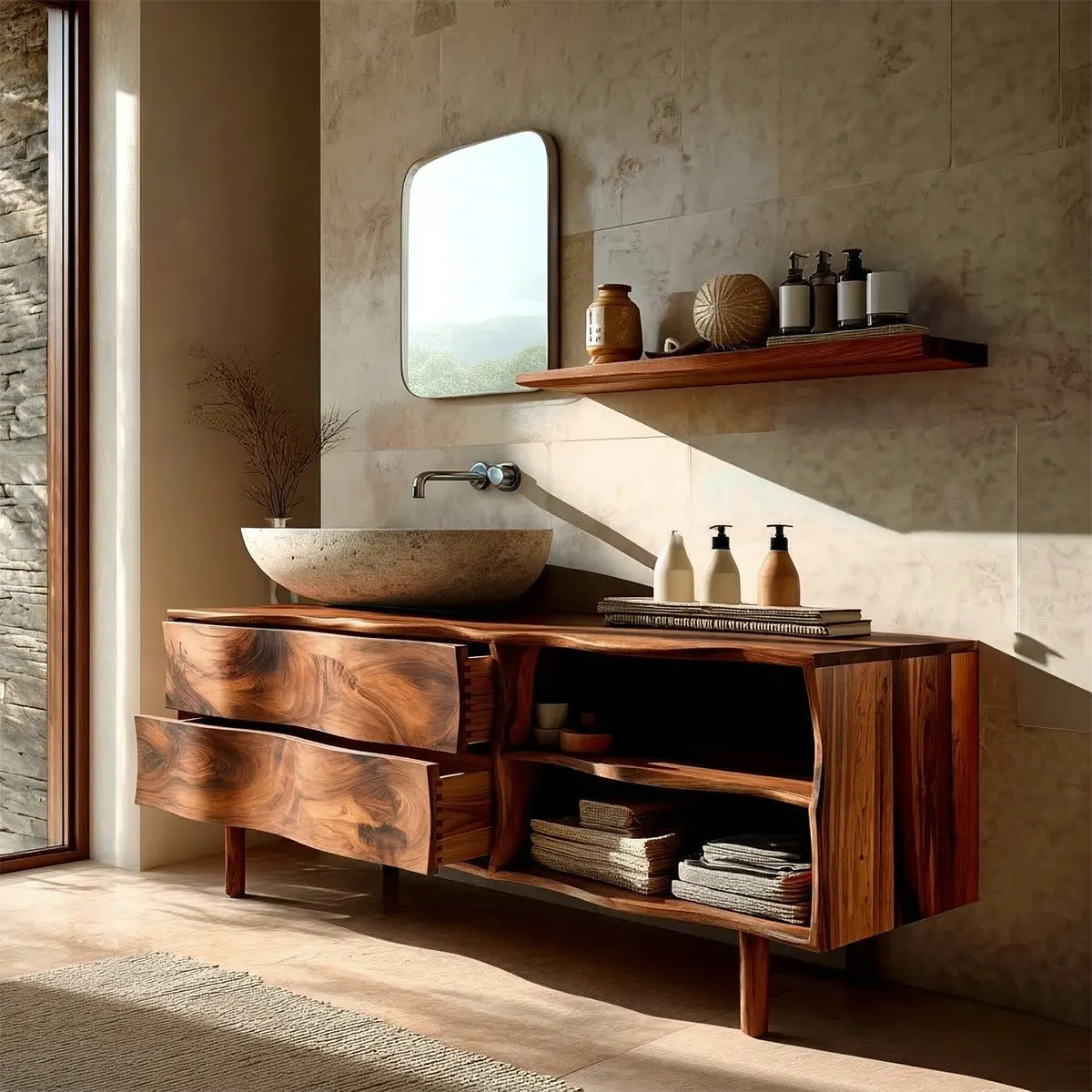 Handcrafted Traditional Bathroom Vanity Cabinet in Natural Solid Wood - Rustiracraft 