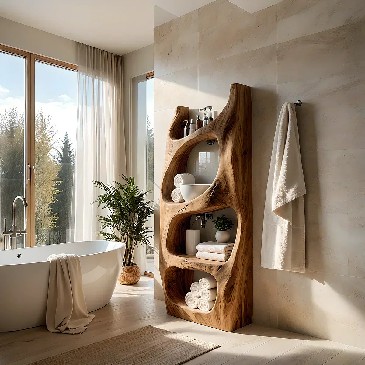 Handmade Live Edge Solid Wood Bathroom Shelf Tower – Sculptural Storage - Rustiracraft 