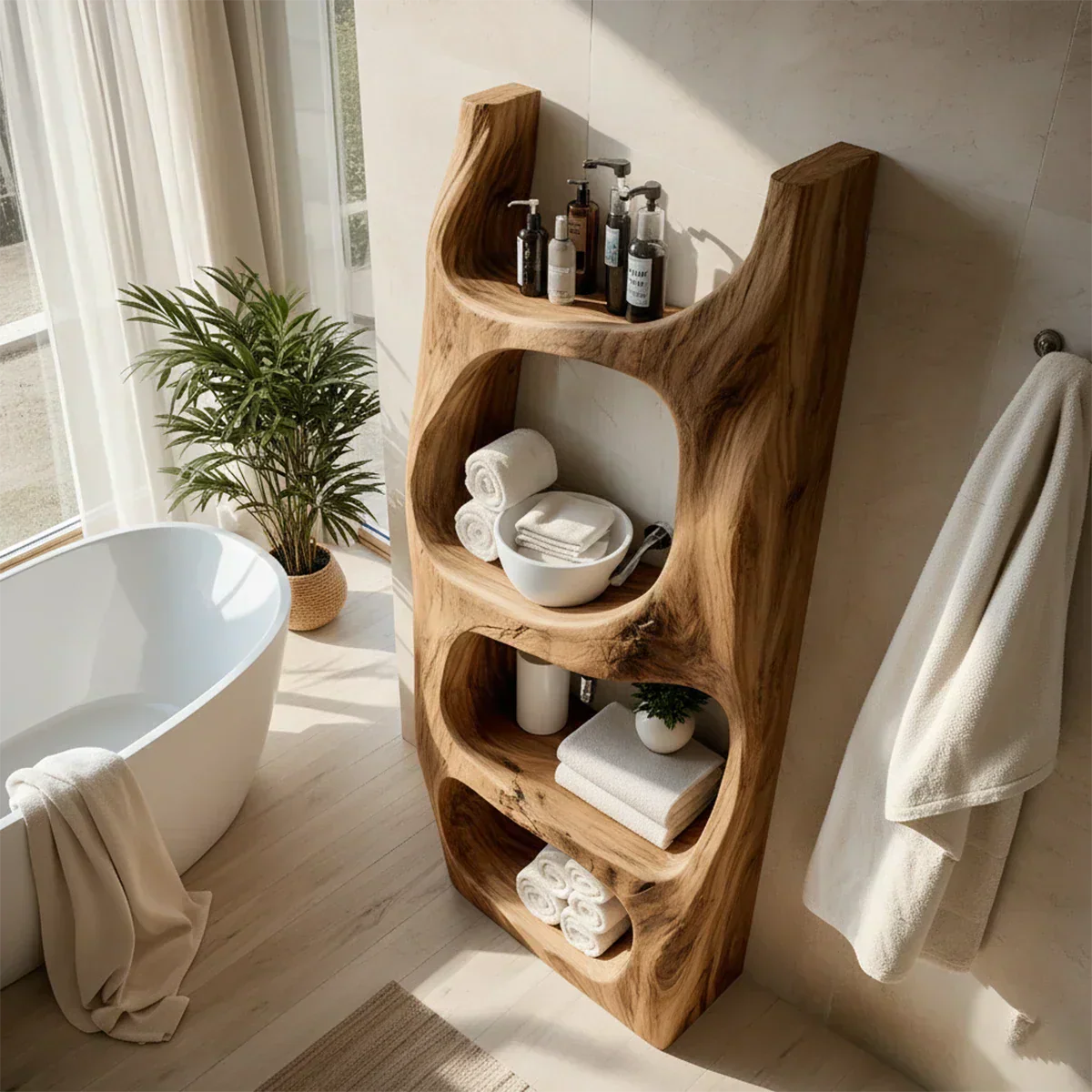 Handmade Live Edge Solid Wood Bathroom Shelf Tower – Sculptural Storage - Rustiracraft 