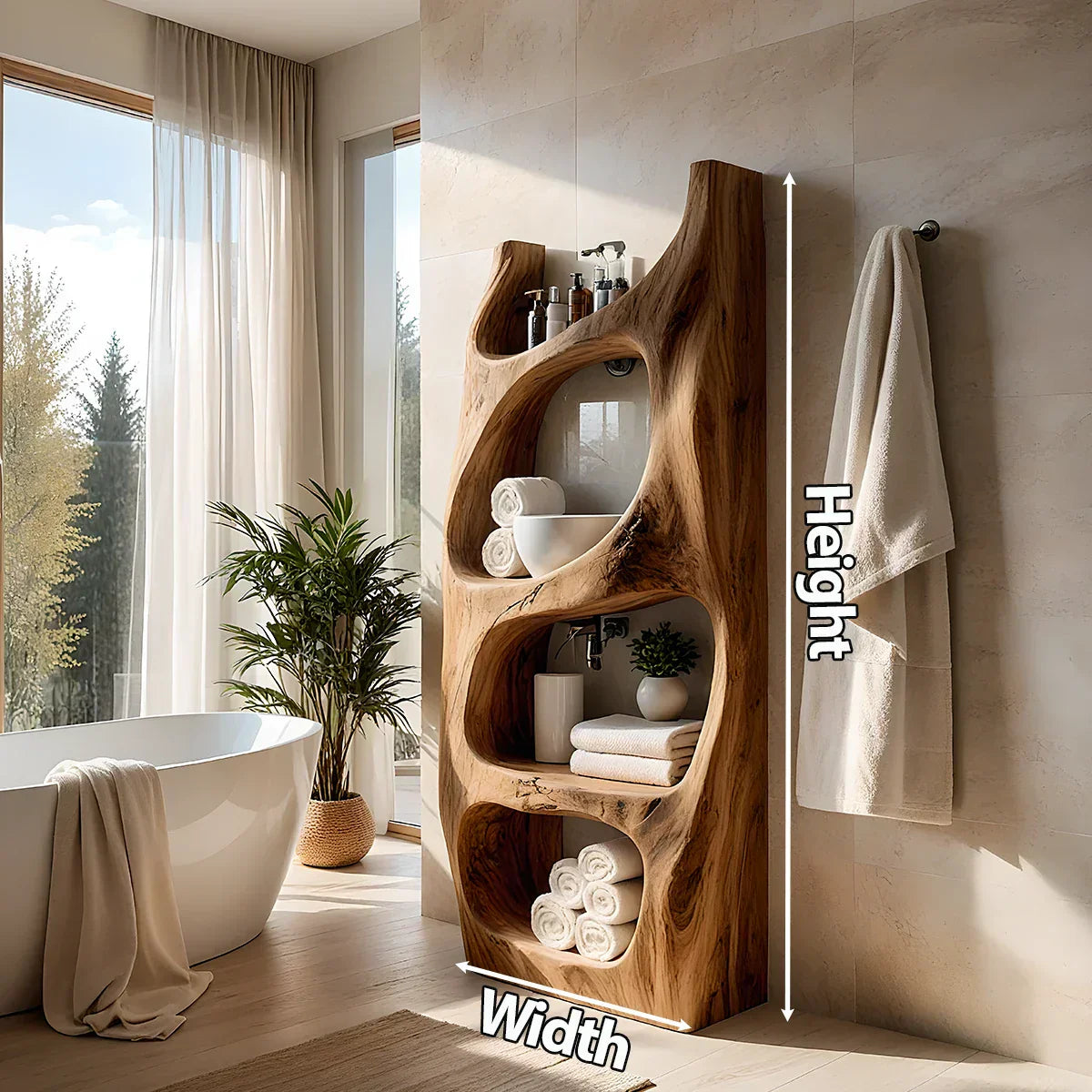 Handmade Live Edge Solid Wood Bathroom Shelf Tower – Sculptural Storage - Rustiracraft 