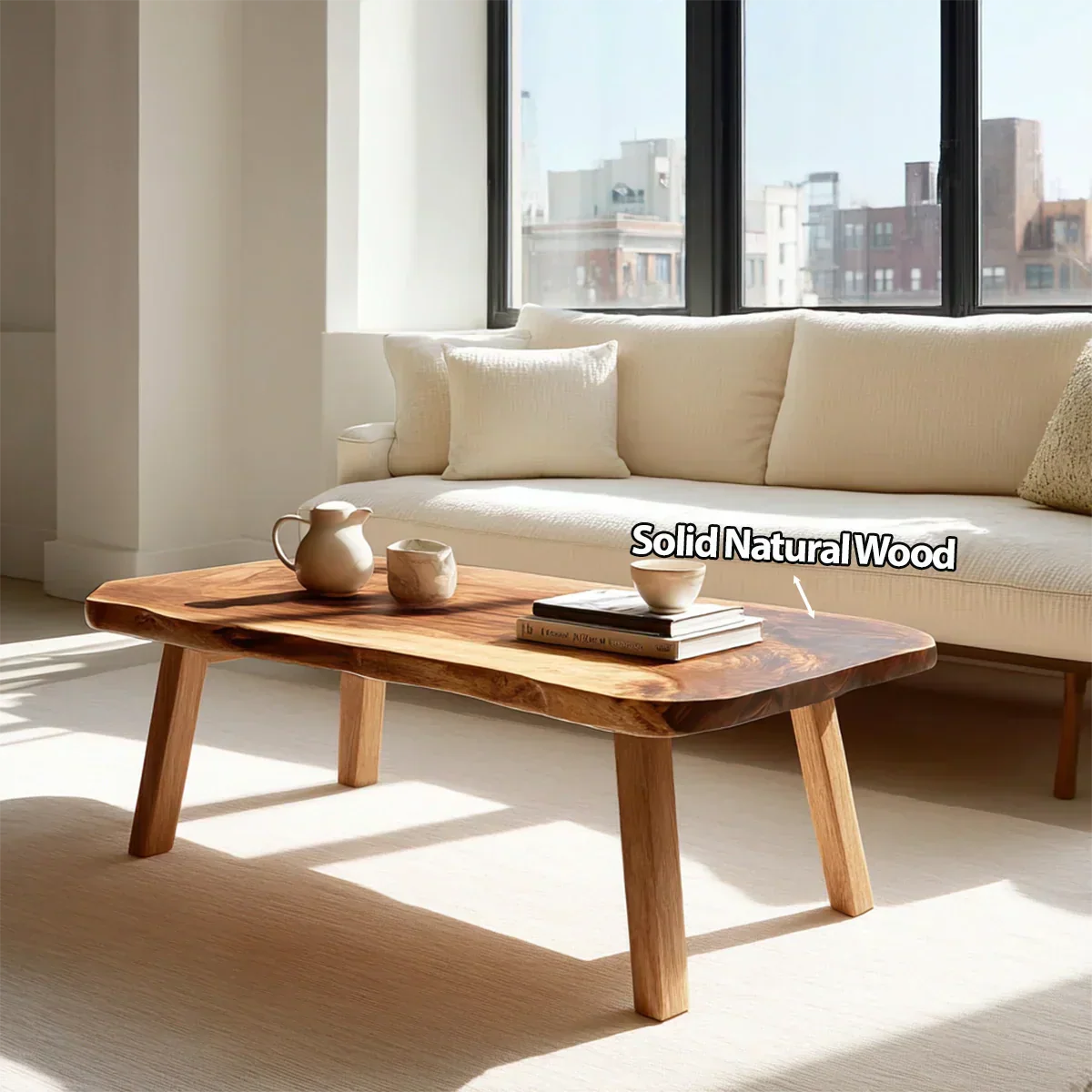 Japandi Live Edge Coffee Table with Straight Legs in Natural Solid Wood - Rustiracraft 
