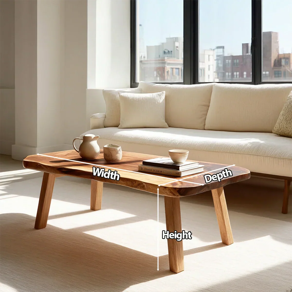 Japandi Live Edge Coffee Table with Straight Legs in Natural Solid Wood - Rustiracraft 