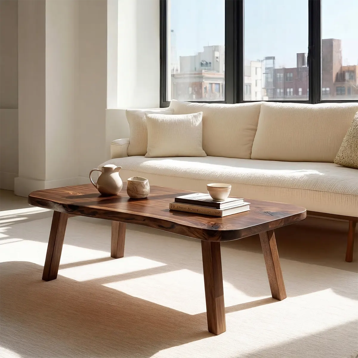 Japandi Live Edge Coffee Table with Straight Legs in Natural Solid Wood - Rustiracraft 