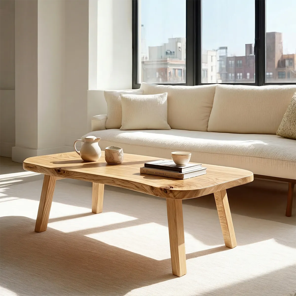 Japandi Live Edge Coffee Table with Straight Legs in Natural Solid Wood - Rustiracraft 
