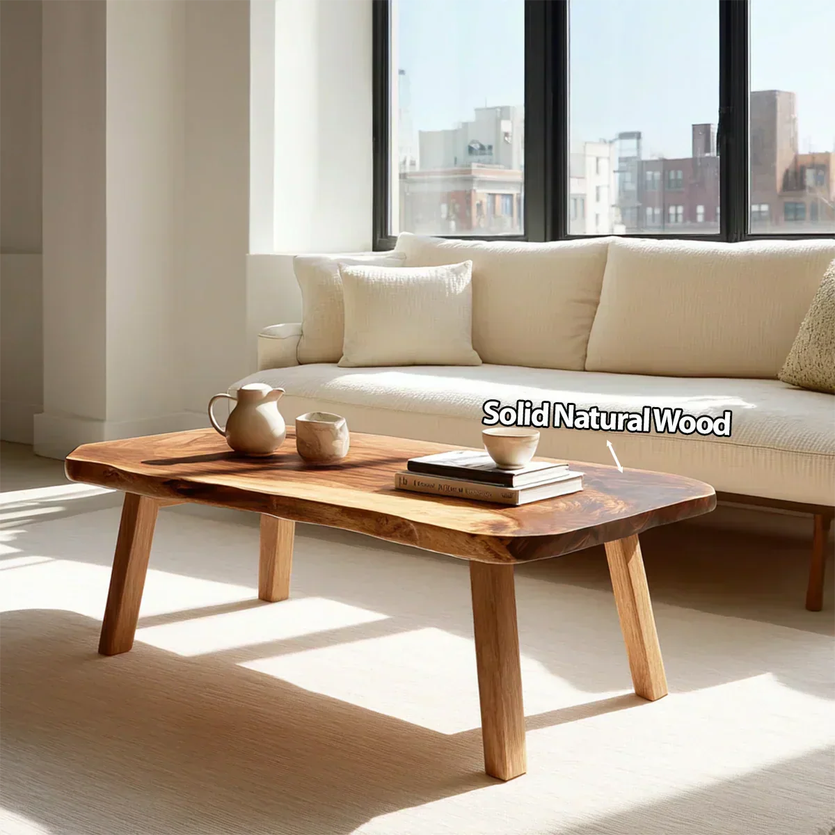 Japandi Live Edge Coffee Table with Straight Legs in Natural Solid Wood - Rustiracraft