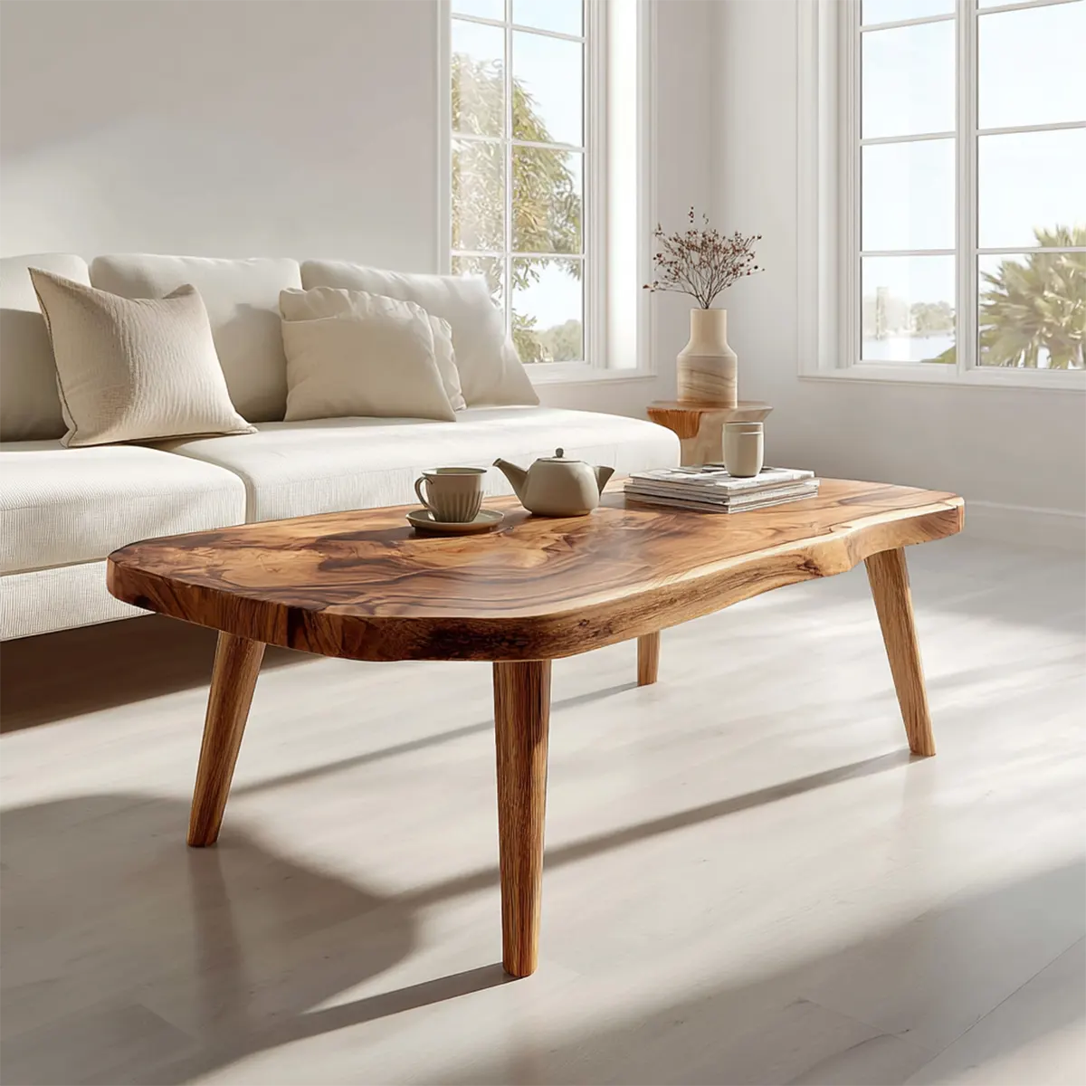 Japandi Live Edge Coffee Table with Tapered Legs in Natural Solid Wood - Rustiracraft 