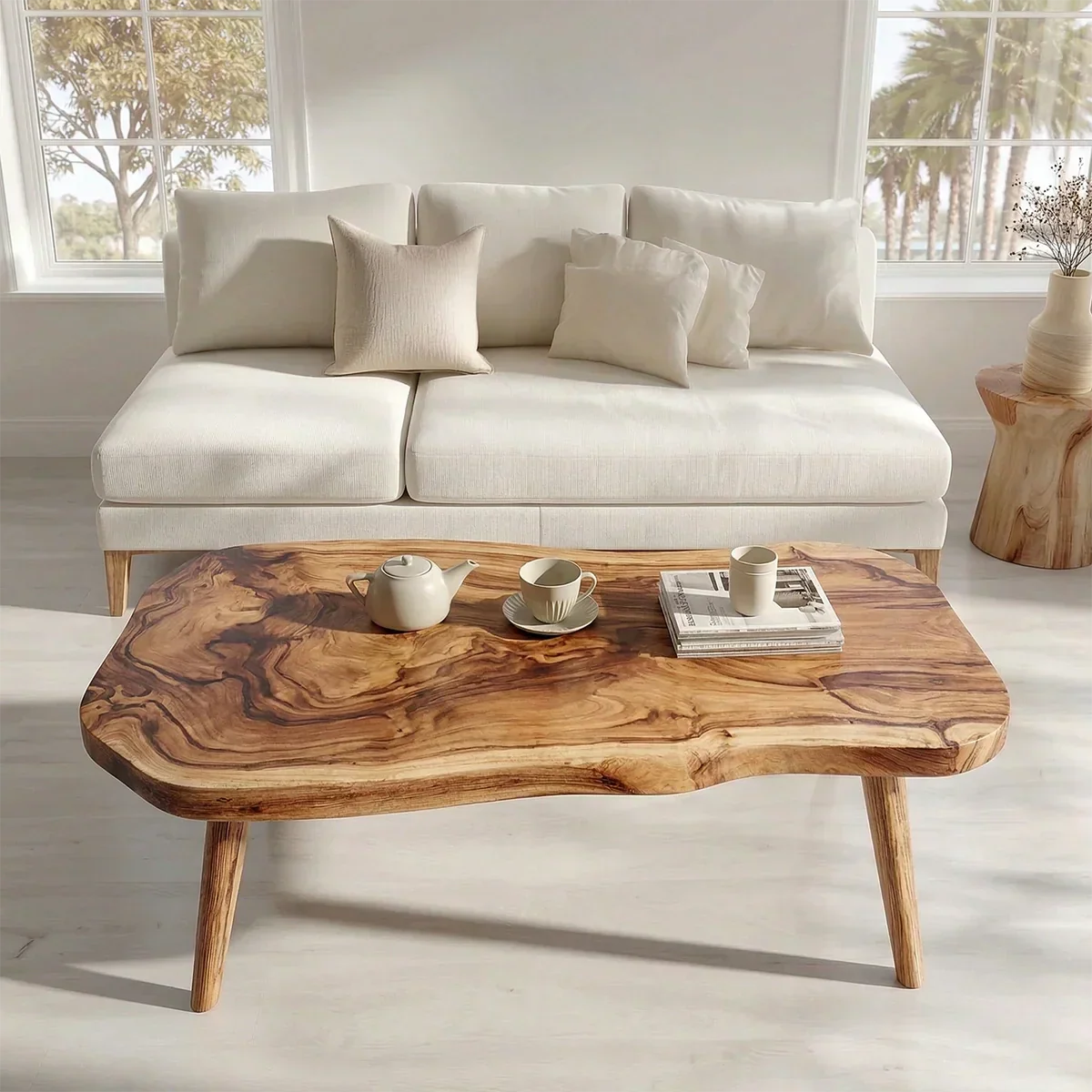 Japandi Live Edge Coffee Table with Tapered Legs in Natural Solid Wood - Rustiracraft 