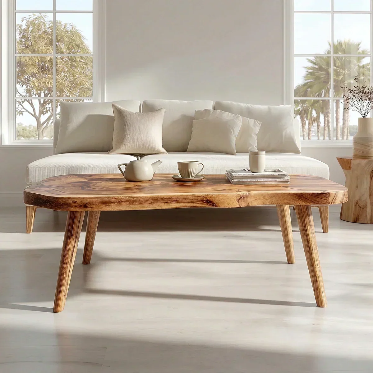 Japandi Live Edge Coffee Table with Tapered Legs in Natural Solid Wood - Rustiracraft 