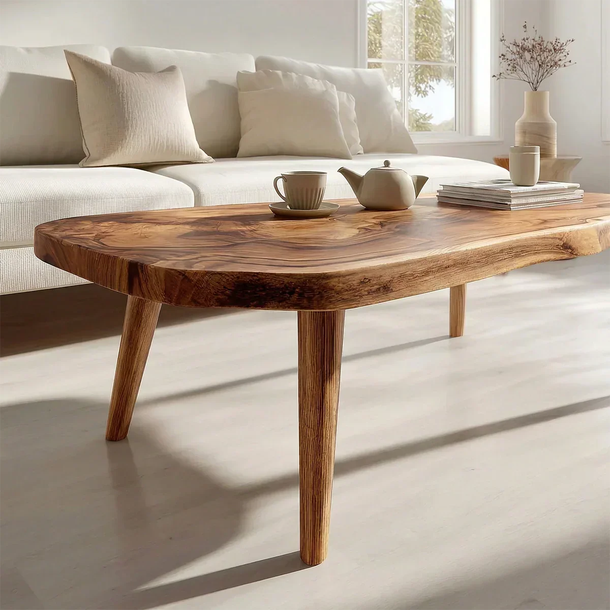 Japandi Live Edge Coffee Table with Tapered Legs in Natural Solid Wood - Rustiracraft 