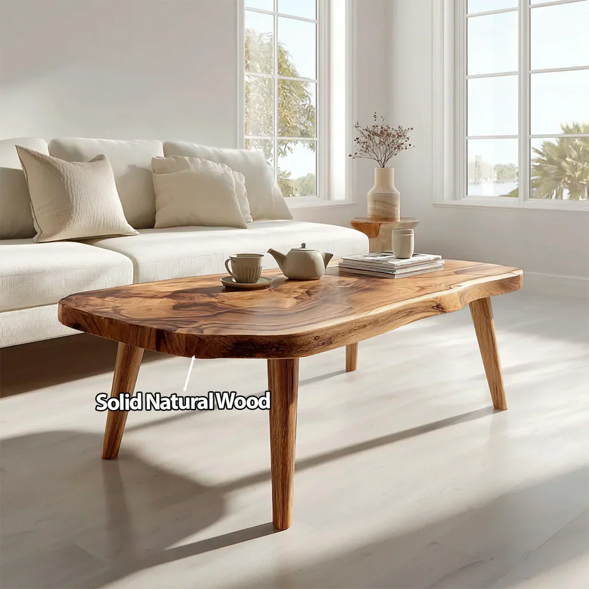 Japandi Live Edge Coffee Table with Tapered Legs in Natural Solid Wood - Rustiracraft 