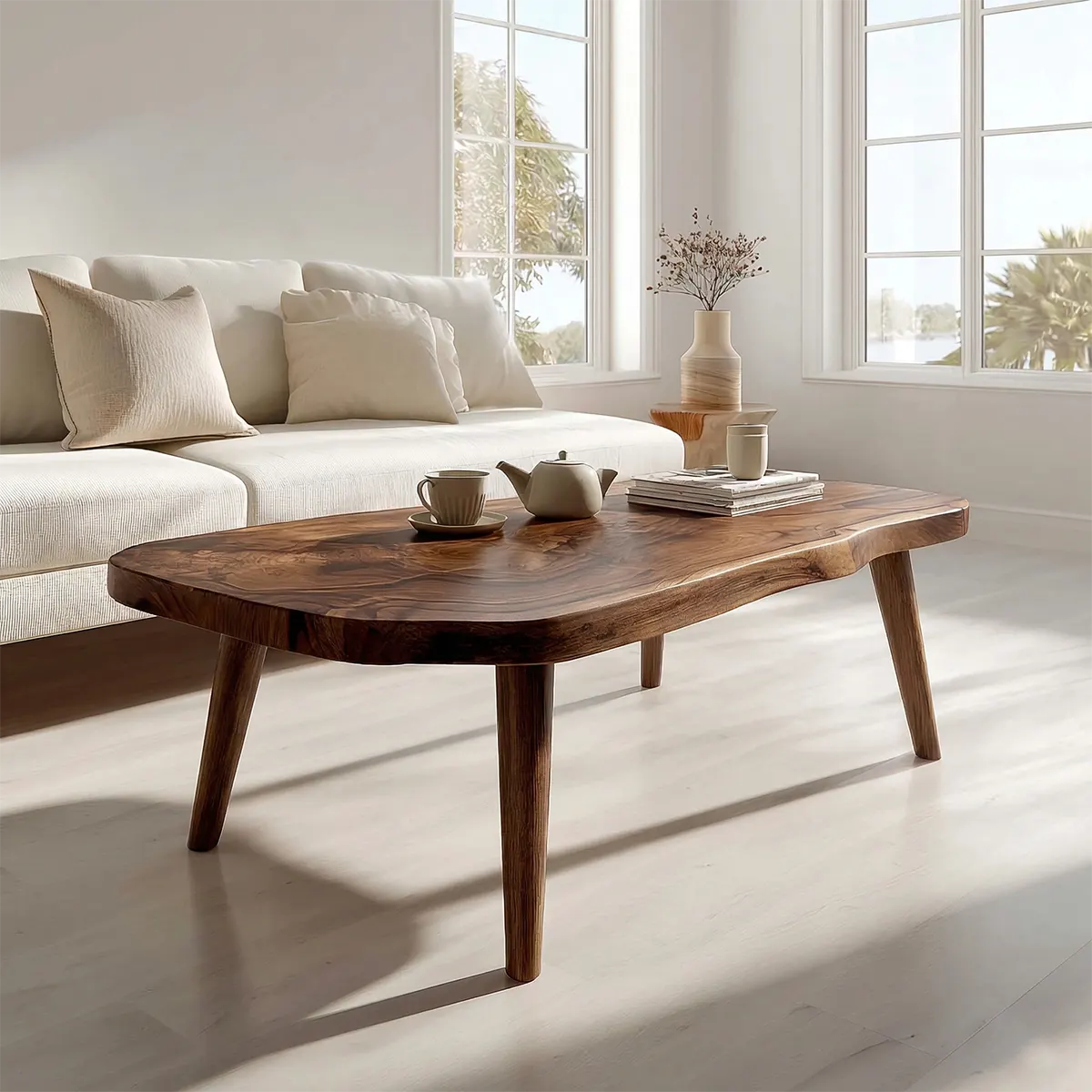 Japandi Live Edge Coffee Table with Tapered Legs in Natural Solid Wood - Rustiracraft 
