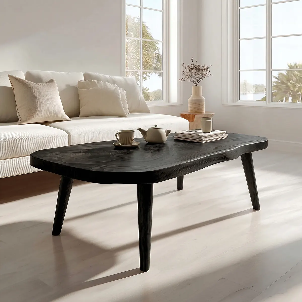 Japandi Live Edge Coffee Table with Tapered Legs in Natural Solid Wood - Rustiracraft 