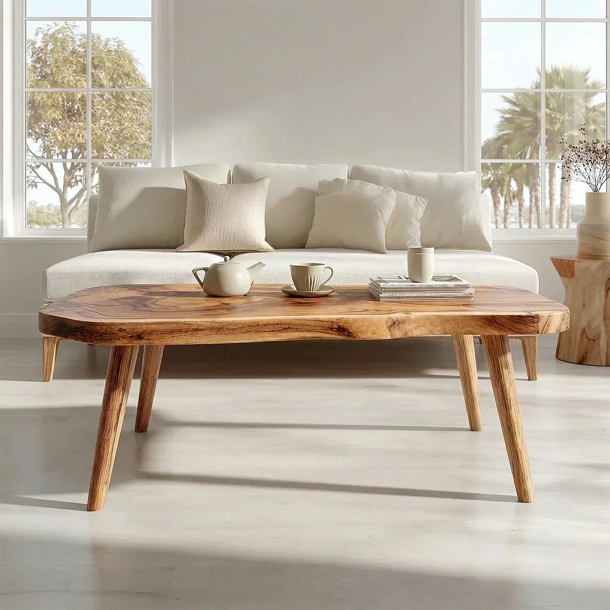 Japandi Live Edge Coffee Table with Tapered Legs in Natural Solid Wood - Rustiracraft