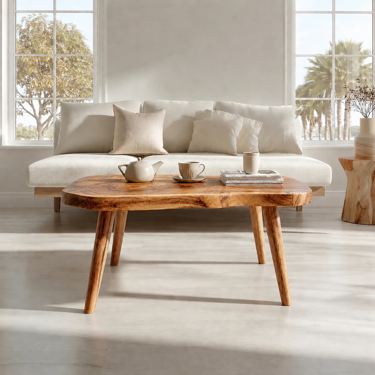 Japandi Live Edge Coffee Table with Tapered Legs in Natural Solid Wood - Rustiracraft