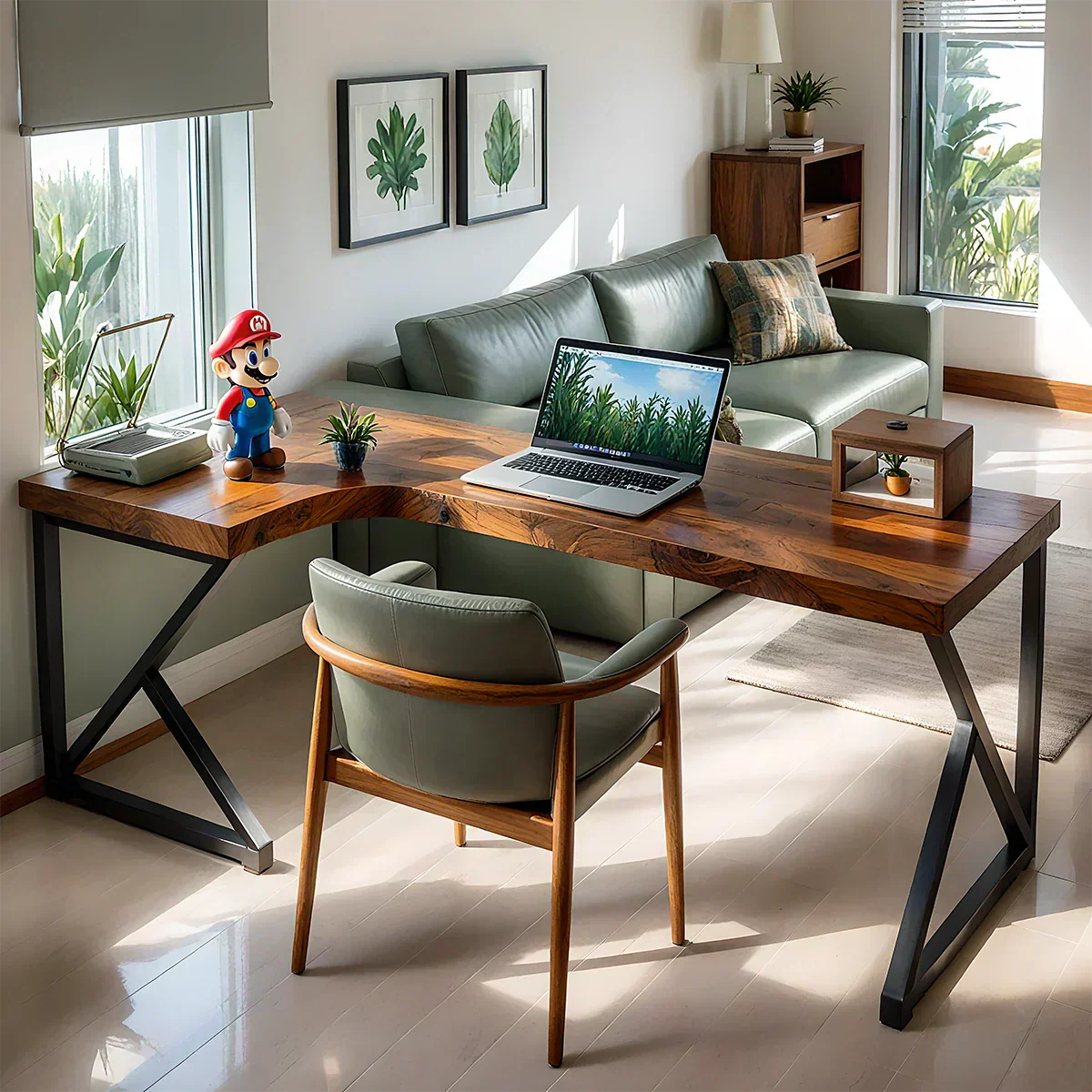 L-Shaped Solid Wood Desk with Steel Z-Frame - Rustiracraft