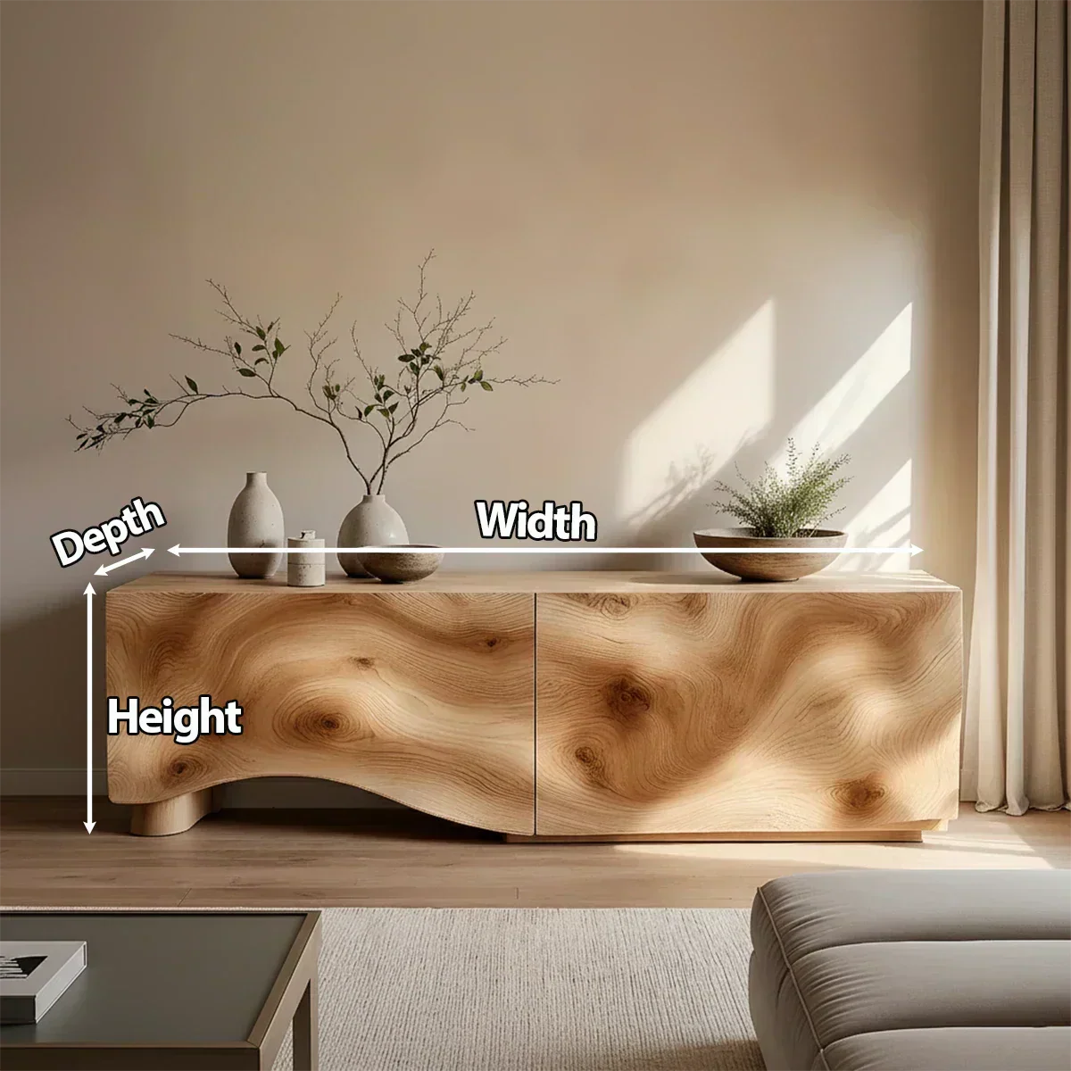 Light Burl Wave Solid Wood TV Console – Minimal Organic Design - Rustiracraft 