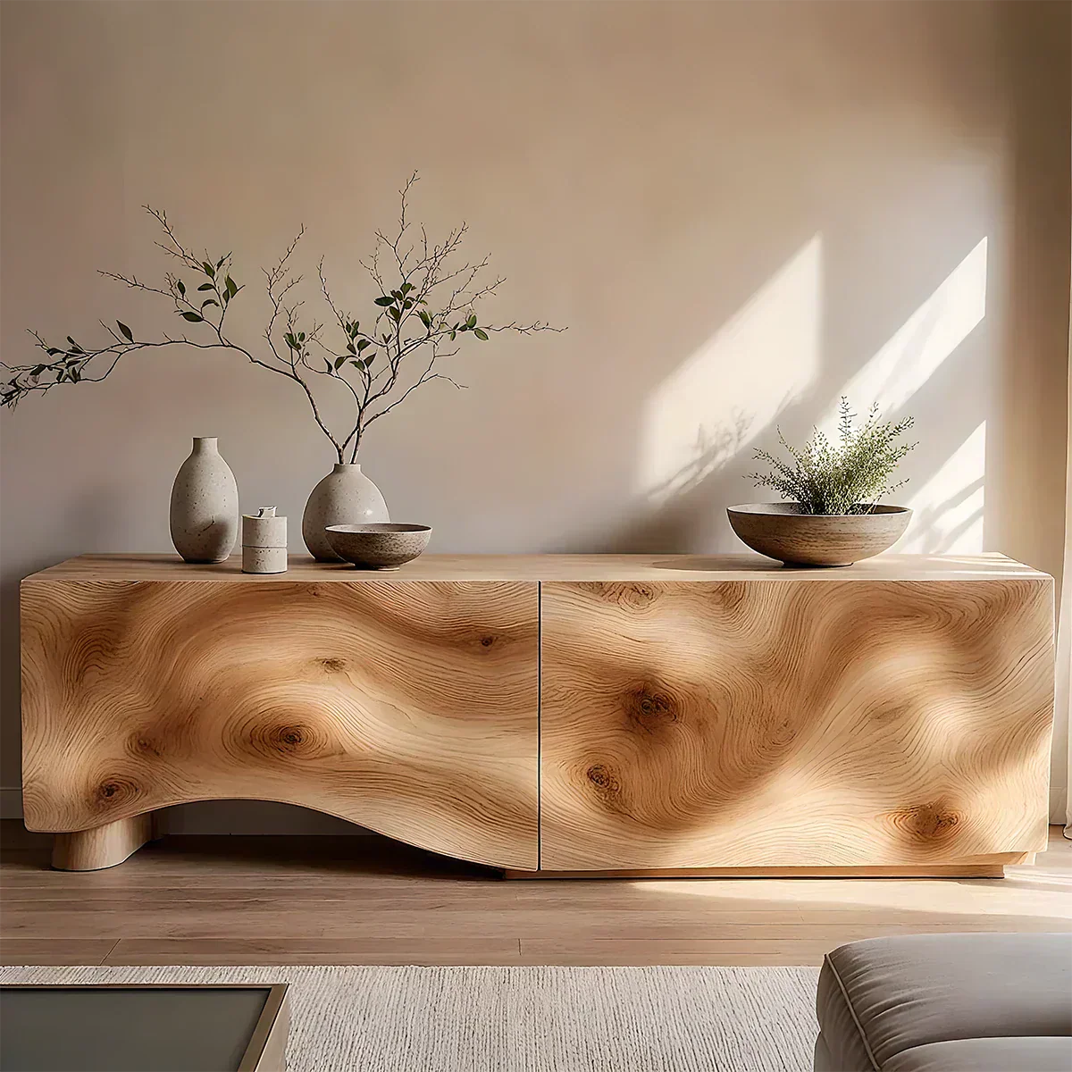 Light Burl Wave Solid Wood TV Console – Minimal Organic Design - Rustiracraft