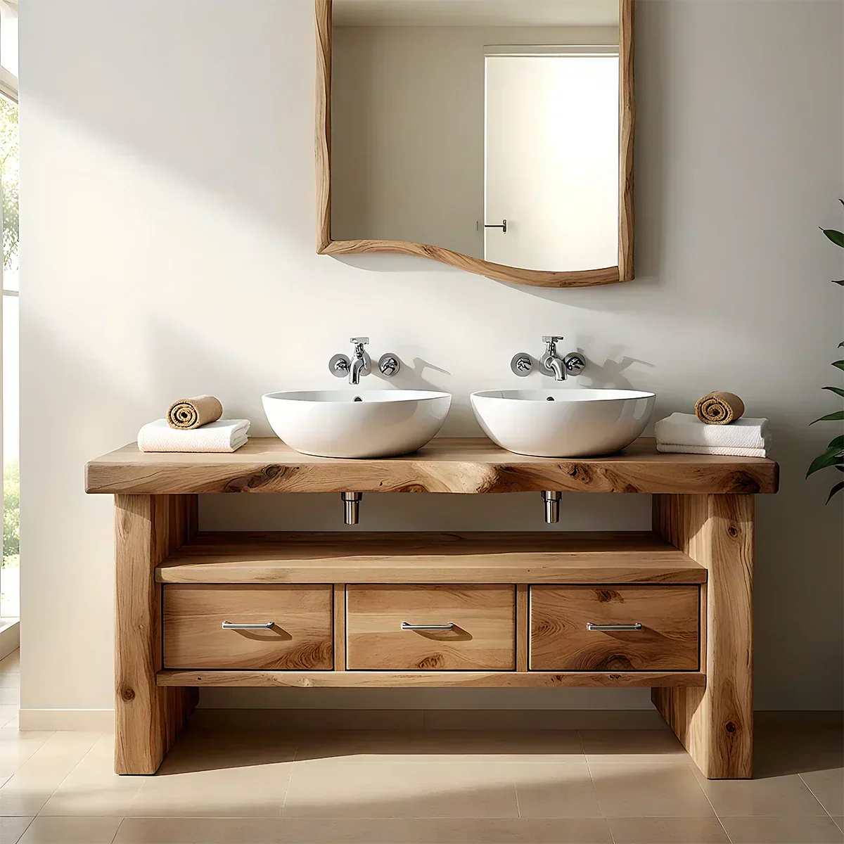 Live Edge Double Sink Solid Wood Vanity – Japandi Rustic Design - Rustiracraft 