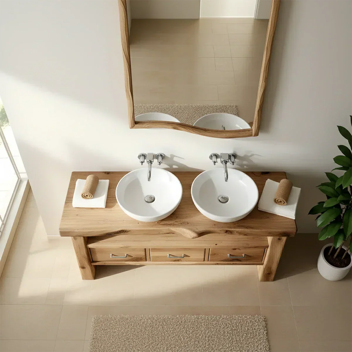 Live Edge Double Sink Solid Wood Vanity – Japandi Rustic Design - Rustiracraft 