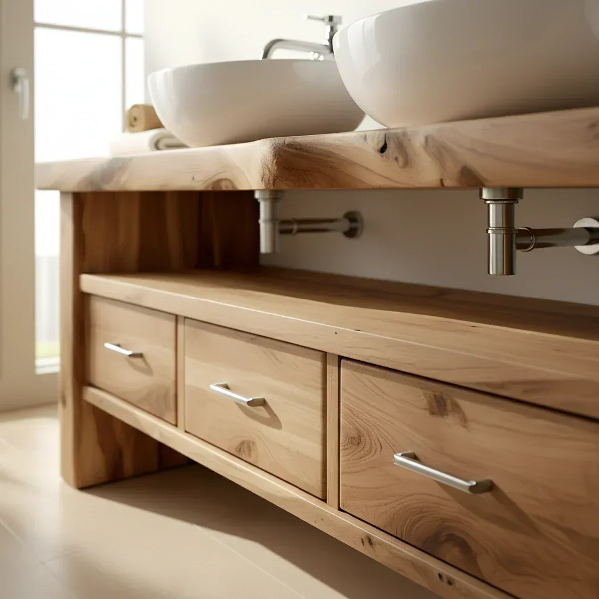Live Edge Double Sink Solid Wood Vanity – Japandi Rustic Design - Rustiracraft 