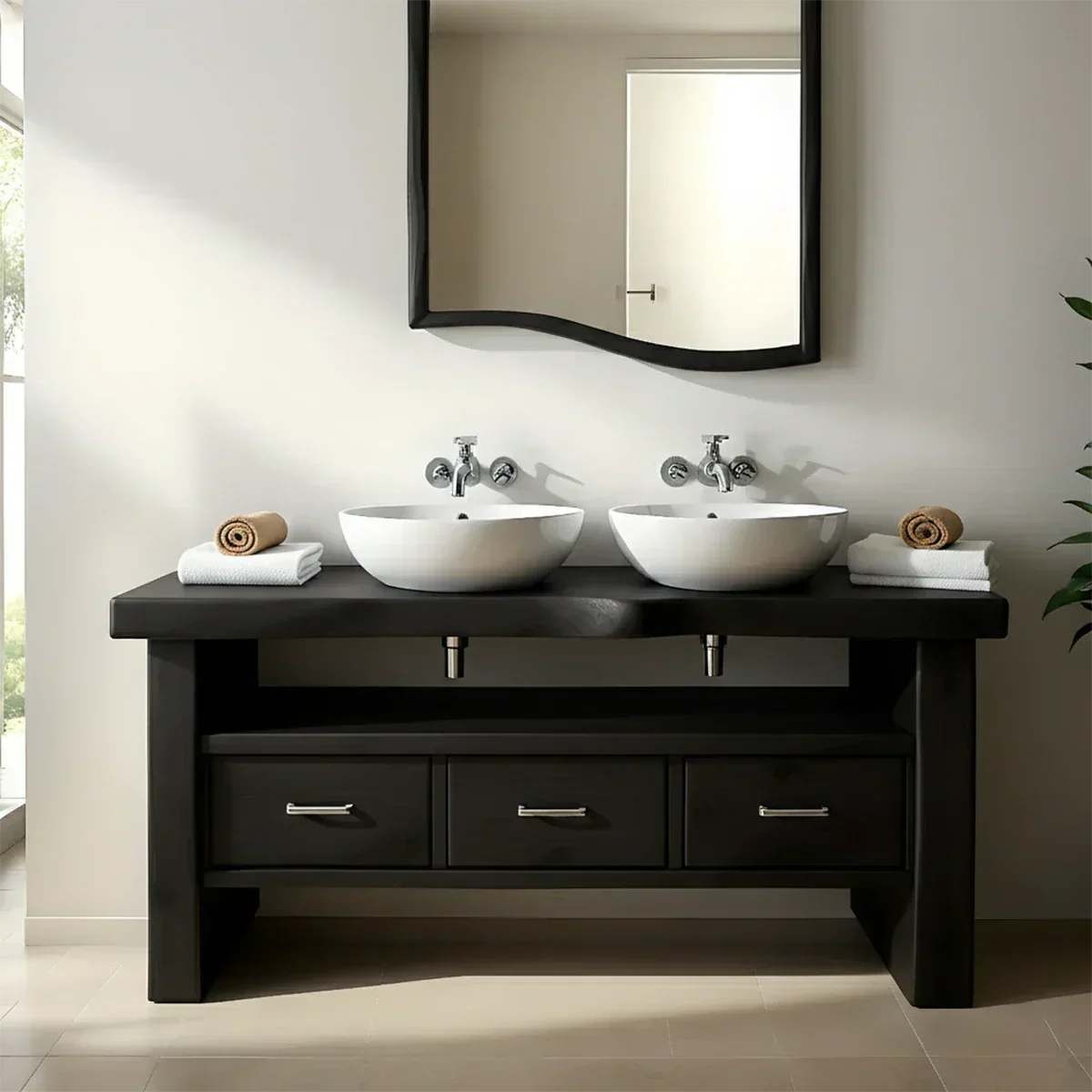 Live Edge Double Sink Solid Wood Vanity – Japandi Rustic Design - Rustiracraft 
