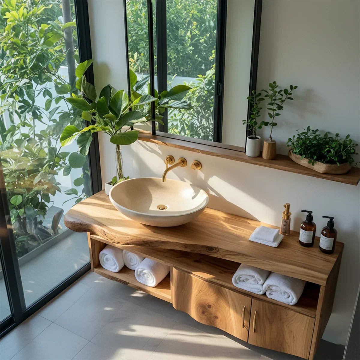 Live Edge Floating Wood Vanity – Asymmetrical Japandi Spa Sink Console - Rustiracraft 