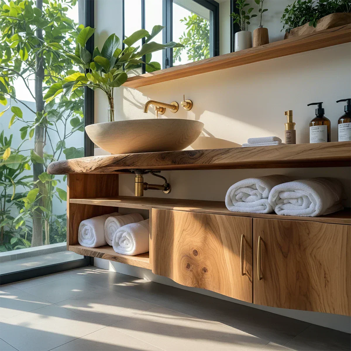 Live Edge Floating Wood Vanity – Asymmetrical Japandi Spa Sink Console - Rustiracraft 