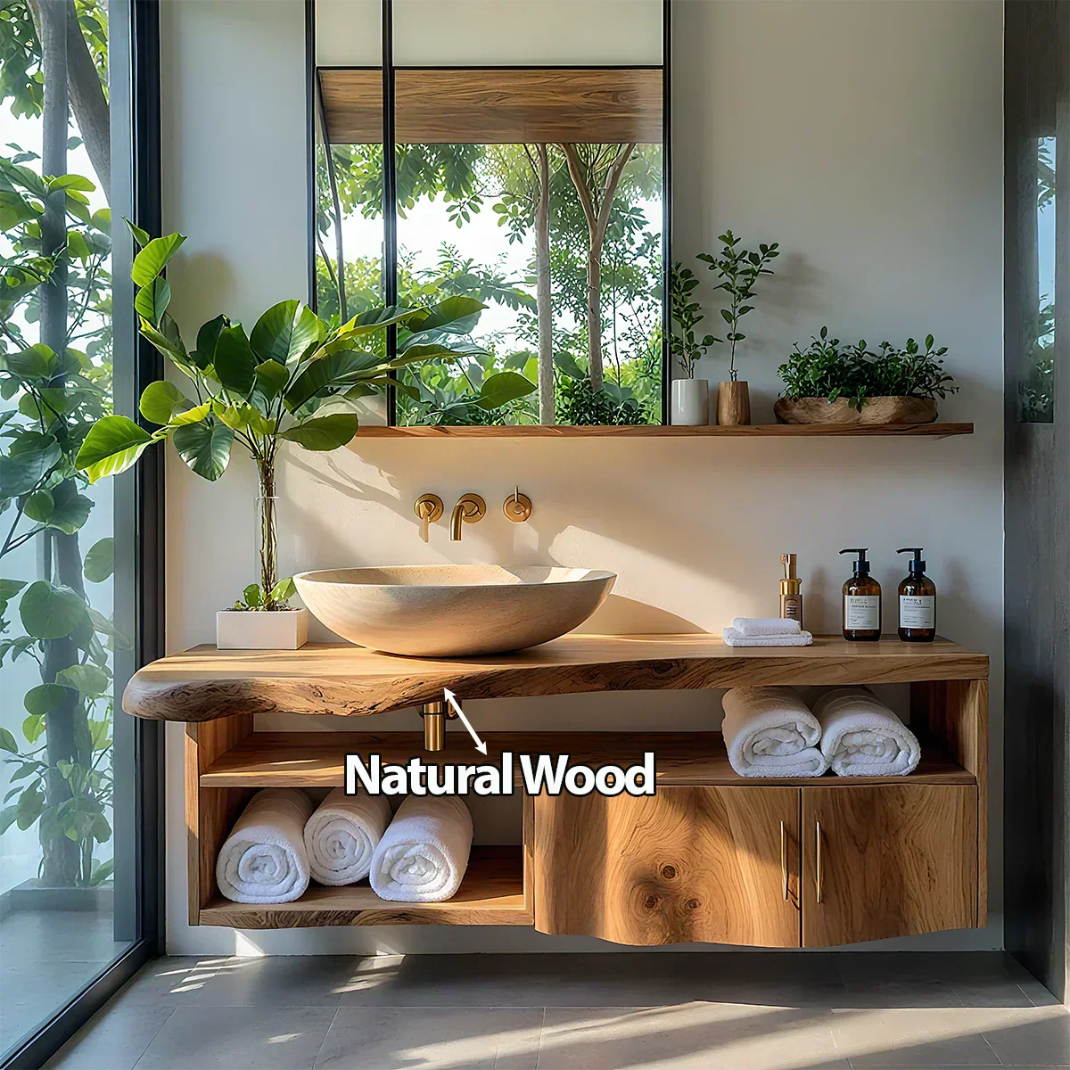 Live Edge Floating Wood Vanity – Asymmetrical Japandi Spa Sink Console - Rustiracraft 