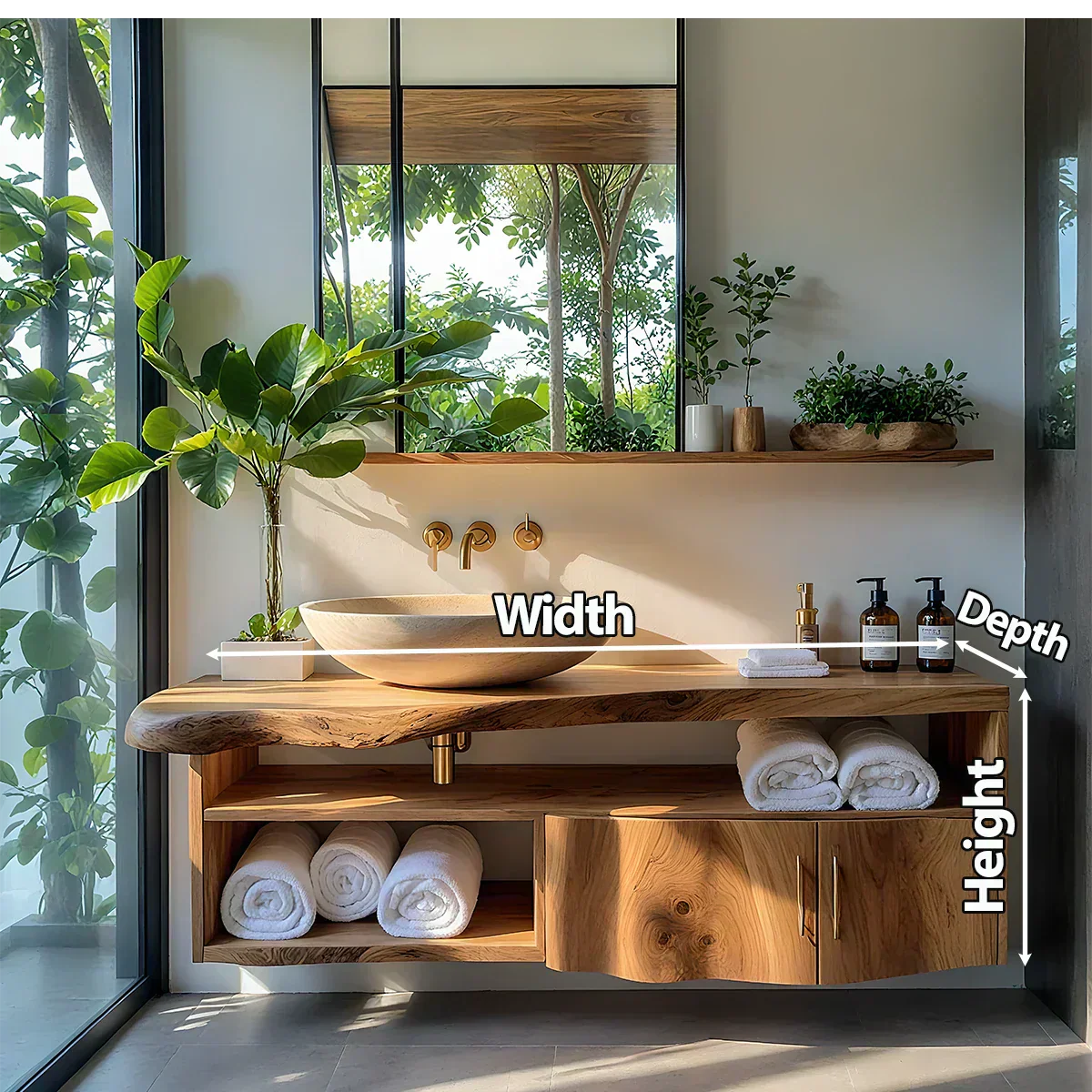 Live Edge Floating Wood Vanity – Asymmetrical Japandi Spa Sink Console - Rustiracraft 