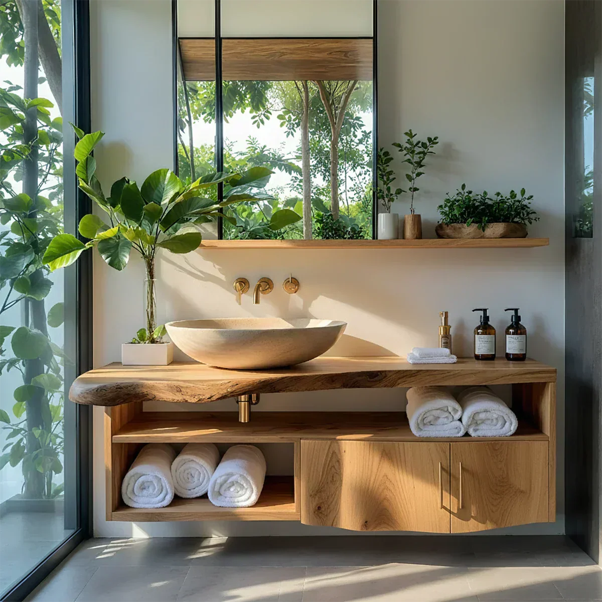 Live Edge Floating Wood Vanity – Asymmetrical Japandi Spa Sink Console - Rustiracraft 