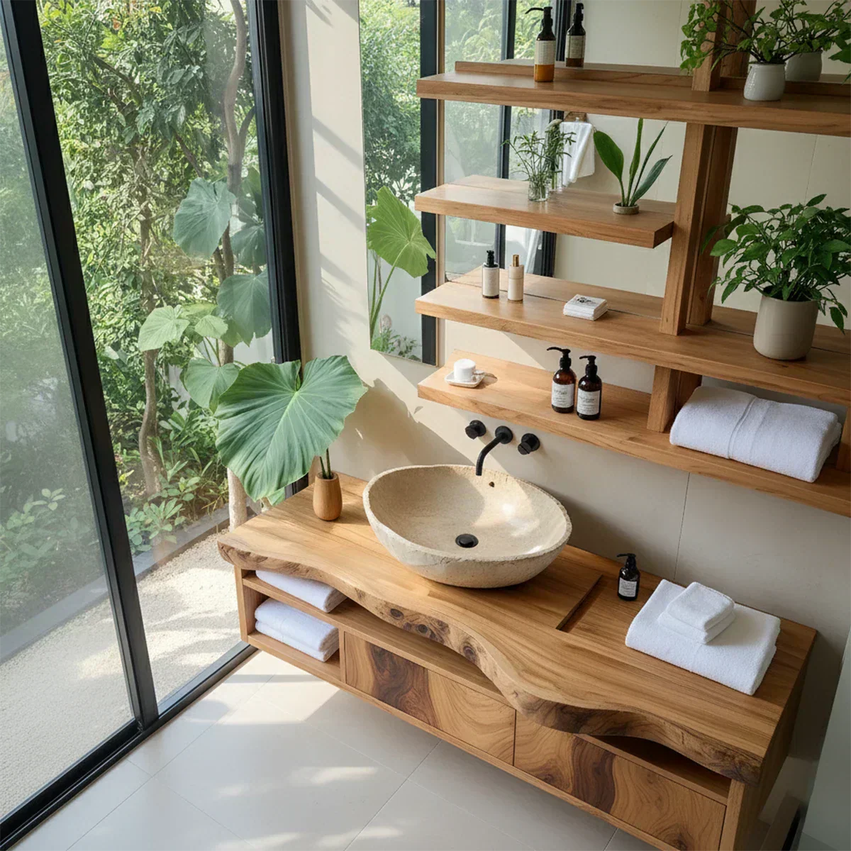 Live Edge Floating Wood Vanity with Shelves – Japandi Spa Sink Console - Rustiracraft 