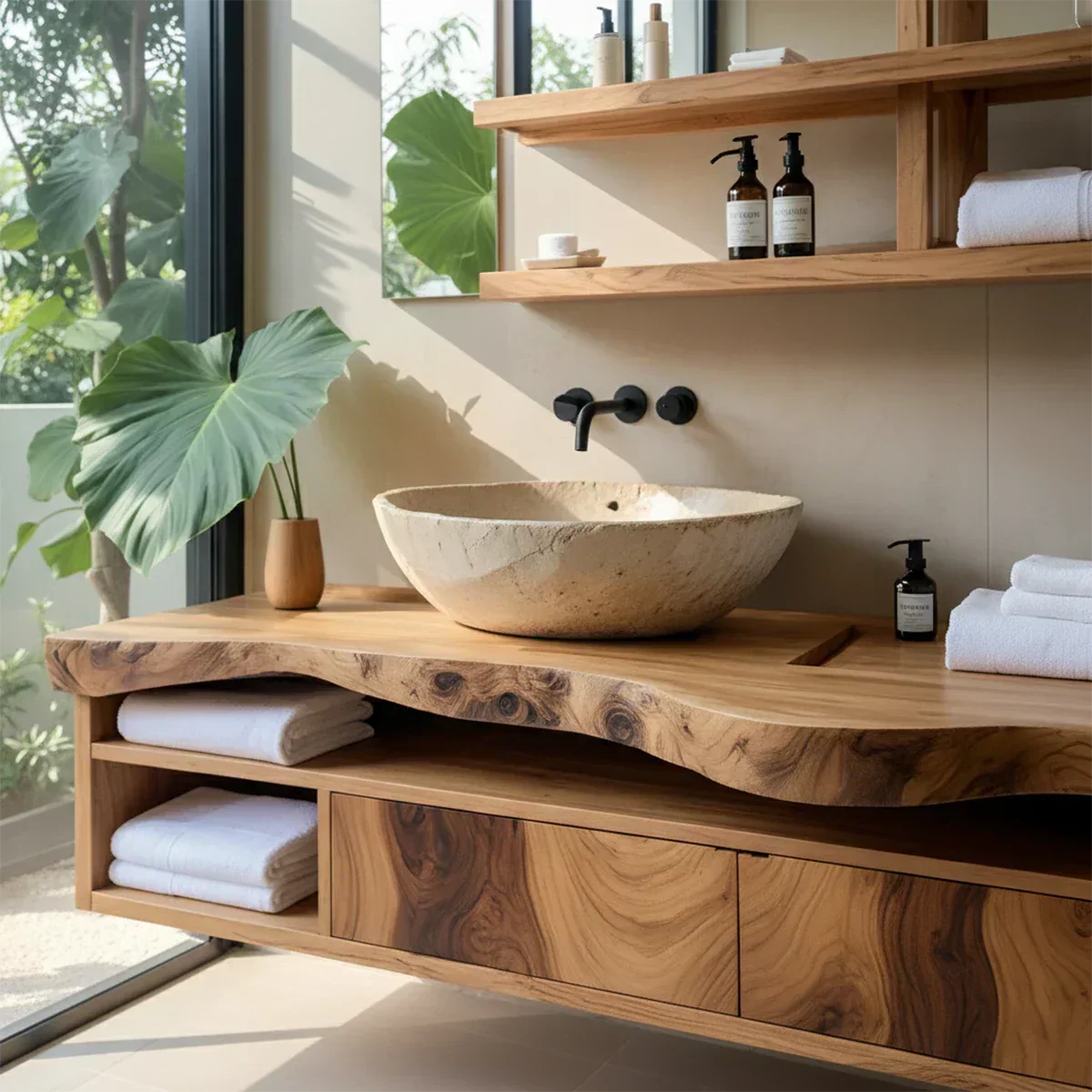 Live Edge Floating Wood Vanity with Shelves – Japandi Spa Sink Console - Rustiracraft 