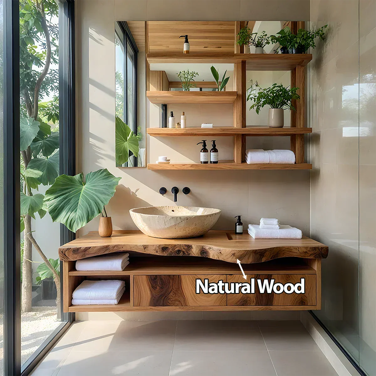 Live Edge Floating Wood Vanity with Shelves – Japandi Spa Sink Console - Rustiracraft 